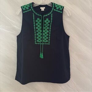 J Crew Factory 10 Blue/Green Embroidered Sleeveless Tassel Tie Blouse Preppy